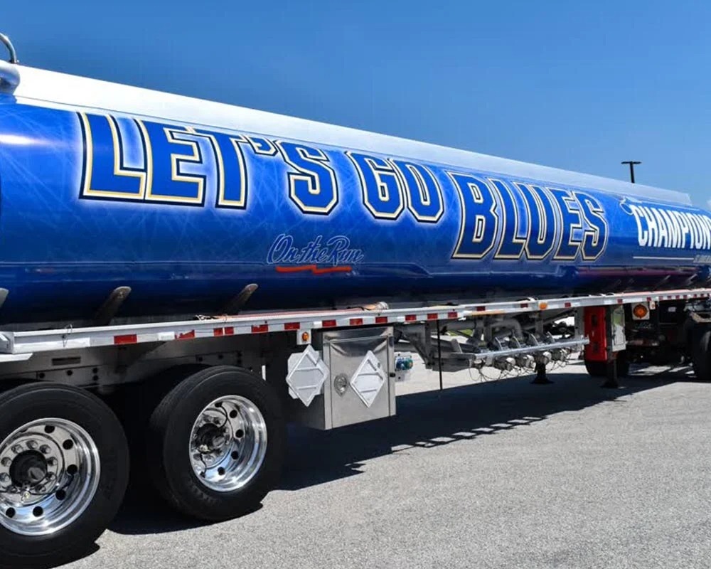 St. Louis Blues mobile billboard tanker trailer with a blue wrap featuring the