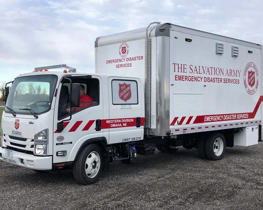 The Salvation Army Emergency Disaster Services truck, a custom-built white box truck for rapid response in the Western Division, Omaha, NE.
