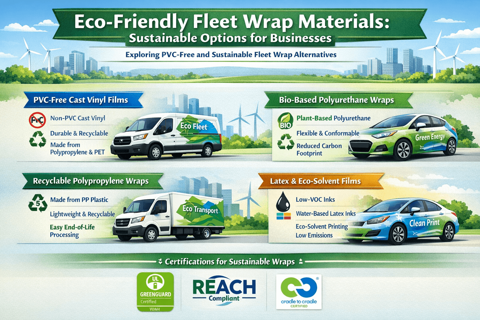 Eco-friendly fleet wrap materials guide showing PVC-free, bio-based, recyclable, and low-VOC wrap options