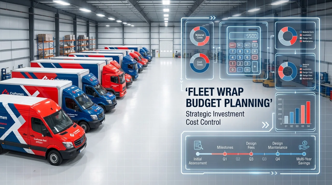 Red and blue wrapped commercial vehicles in a warehouse beside fleet wrap budget planning charts.