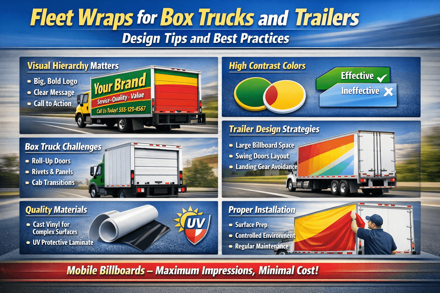 Fleet wraps for box trucks and trailers guide showing design tips for visibility, contrast, materials, and installation