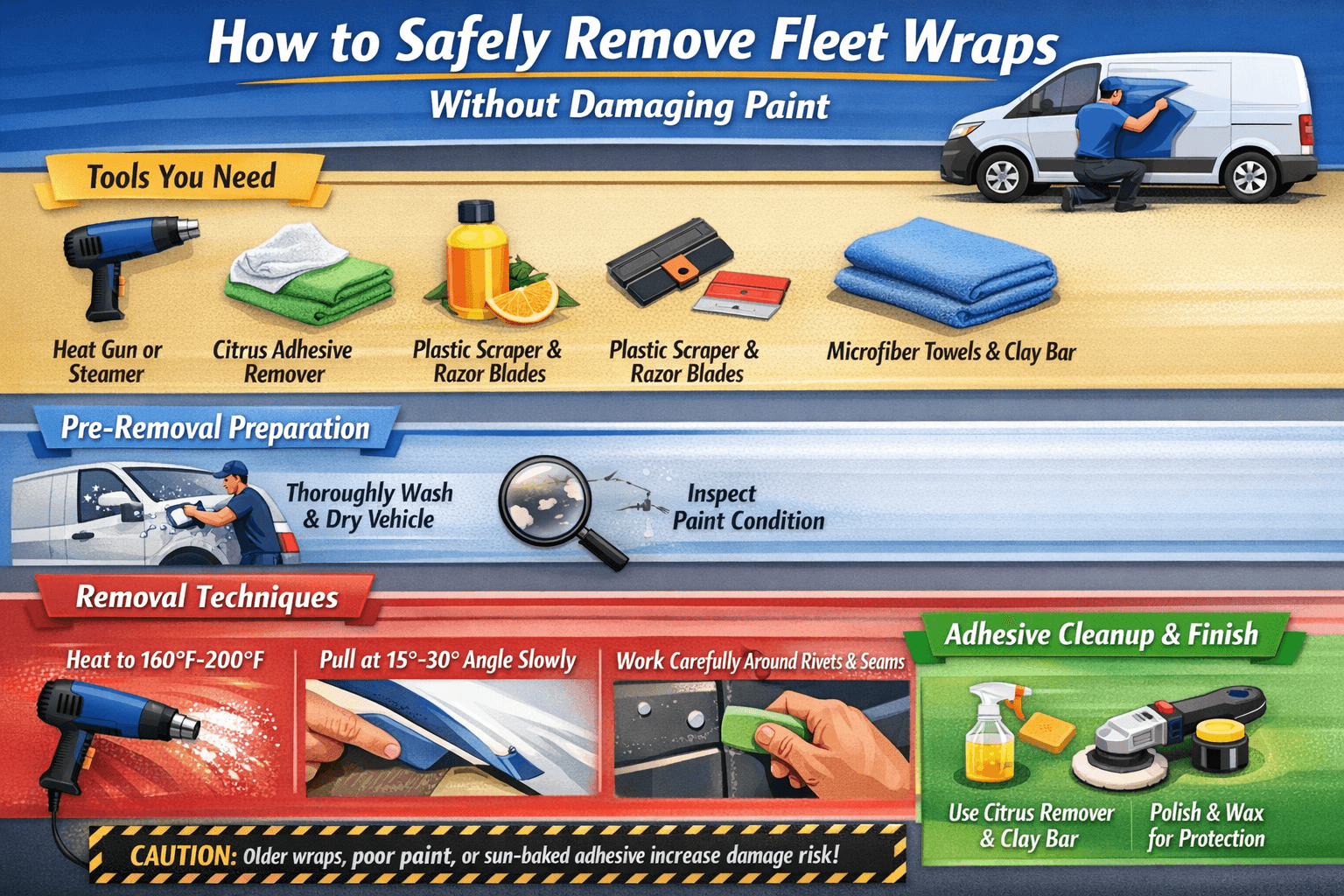 Infographic explaining how to safely remove fleet wraps using heat, adhesive remover, plastic scrapers, microfiber towels, inspection, and paint-safe cleanup techniques
