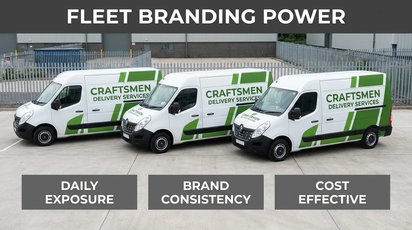 Three matching delivery vans with consistent green-and-white fleet branding.