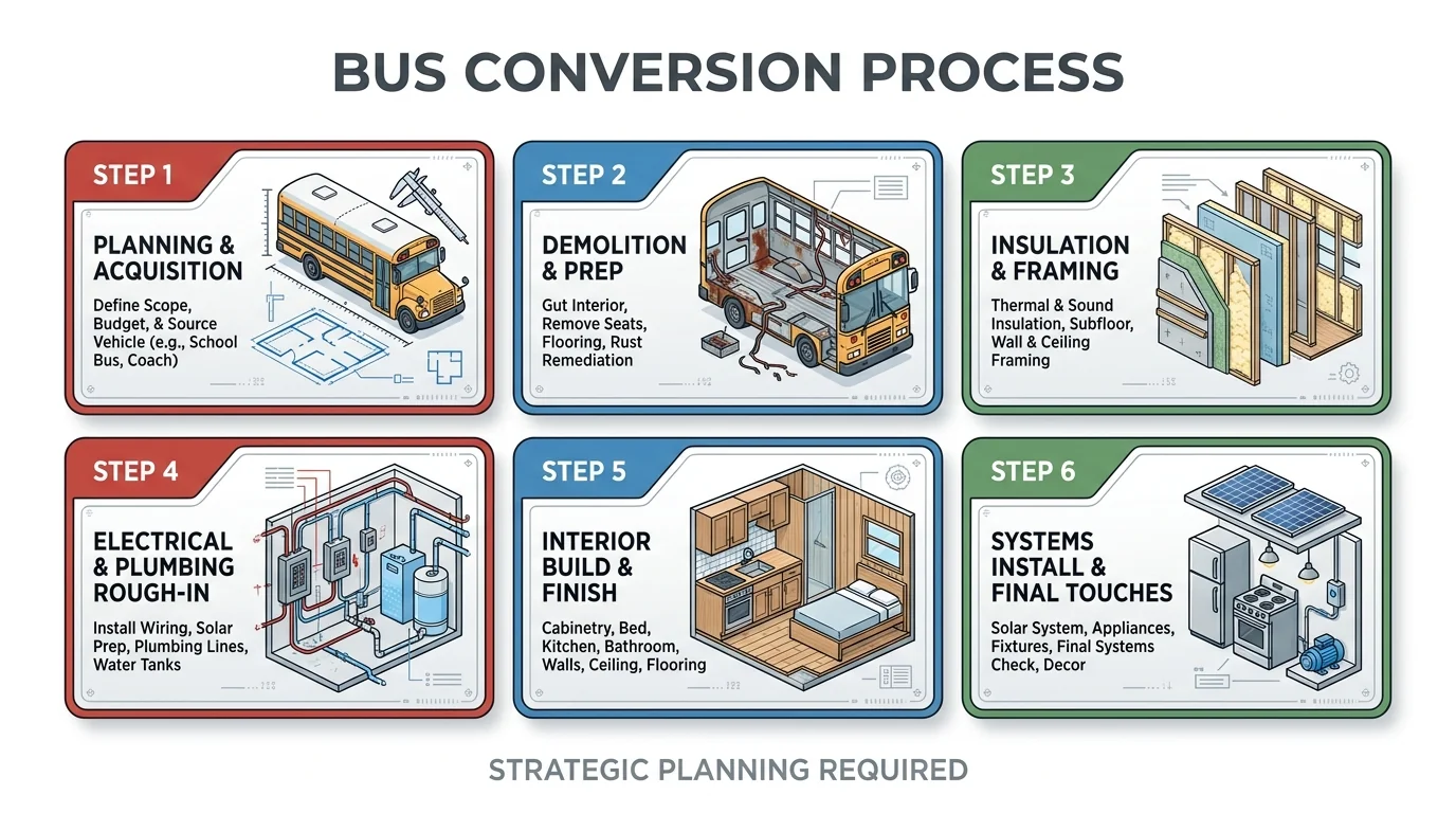 Six-stage bus conversion diagram covering planning, demolition, framing, utilities, interior construction and final systems installation.