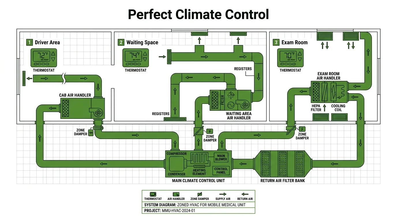 Zoned HVAC schematic showing separate climate controls and airflow paths for the driver, waiting area and examination room.
