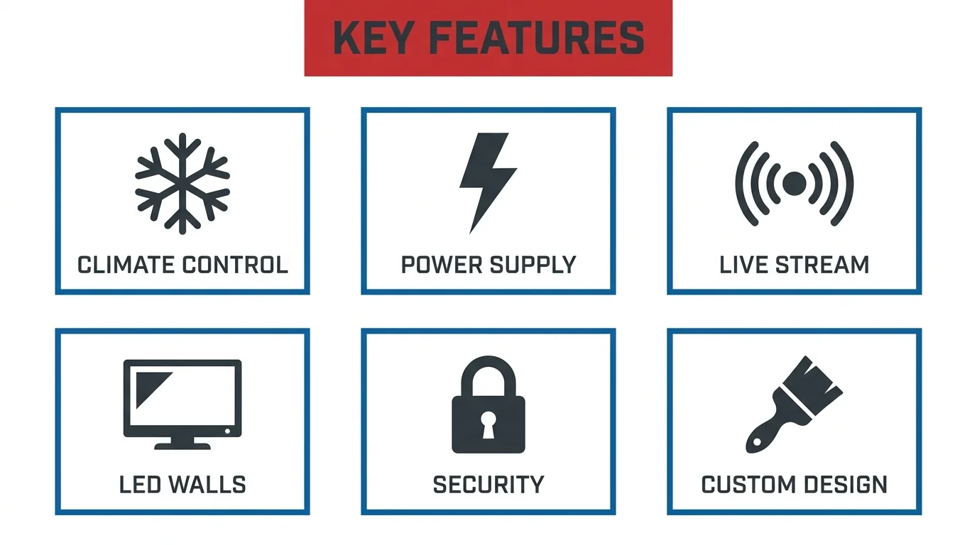 Esports trailer features including climate control, power, live streaming, LED walls, security and custom design.