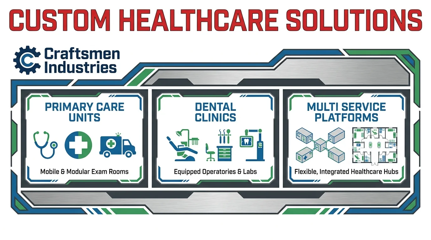Craftsmen Industries healthcare solutions graphic showing primary care units, dental clinics and multi-service platforms.