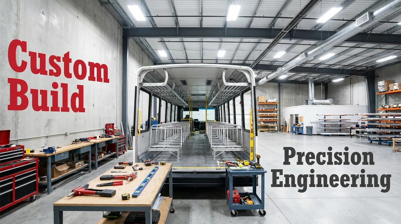 Bus under construction in a fabrication workshop, with an exposed interior frame, tools and workbenches.
