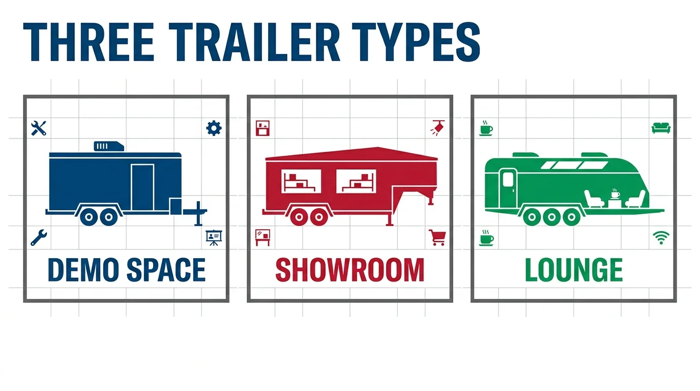 Three custom event trailer formats illustrated: demonstration space, showroom and lounge.