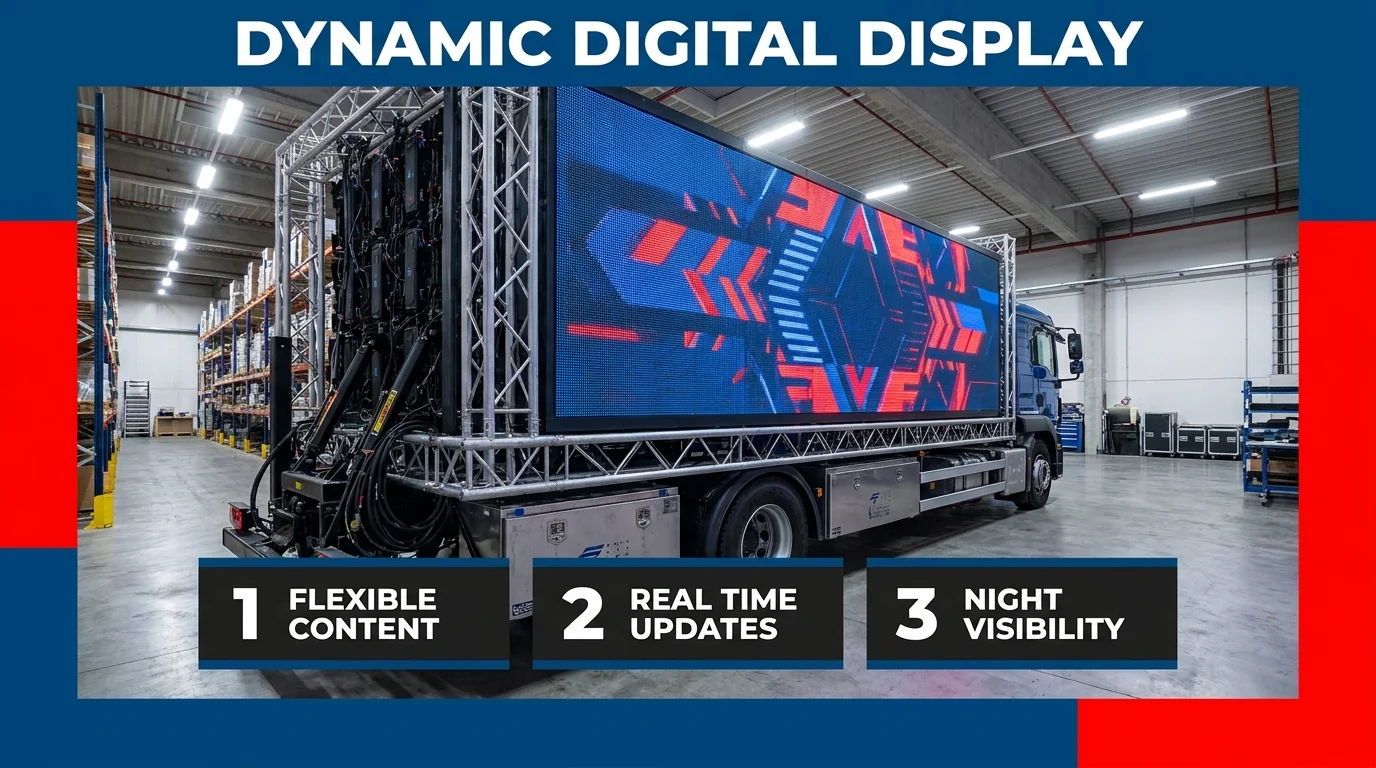 Truck-mounted digital LED billboard with a large display, highlighting flexible content, live updates and night visibility.