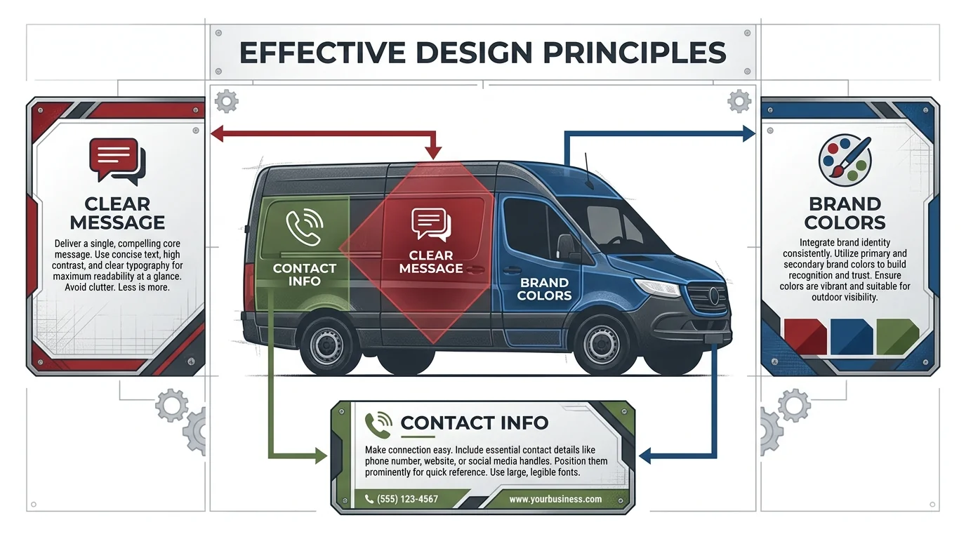 Fleet graphics design diagram showing placement of a clear message, brand colours and contact information on a van.