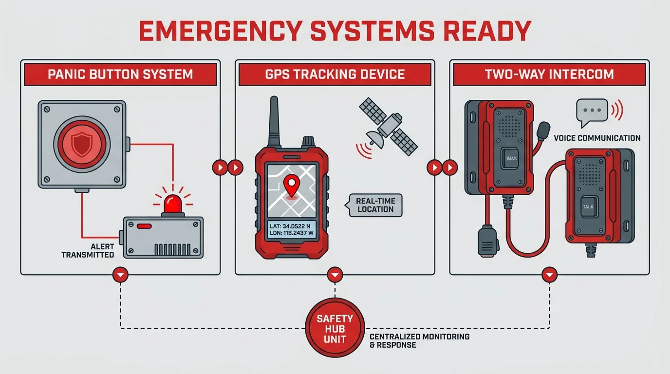 Mobile clinic emergency systems diagram linking a panic button, GPS tracker and two-way intercom to a safety hub.