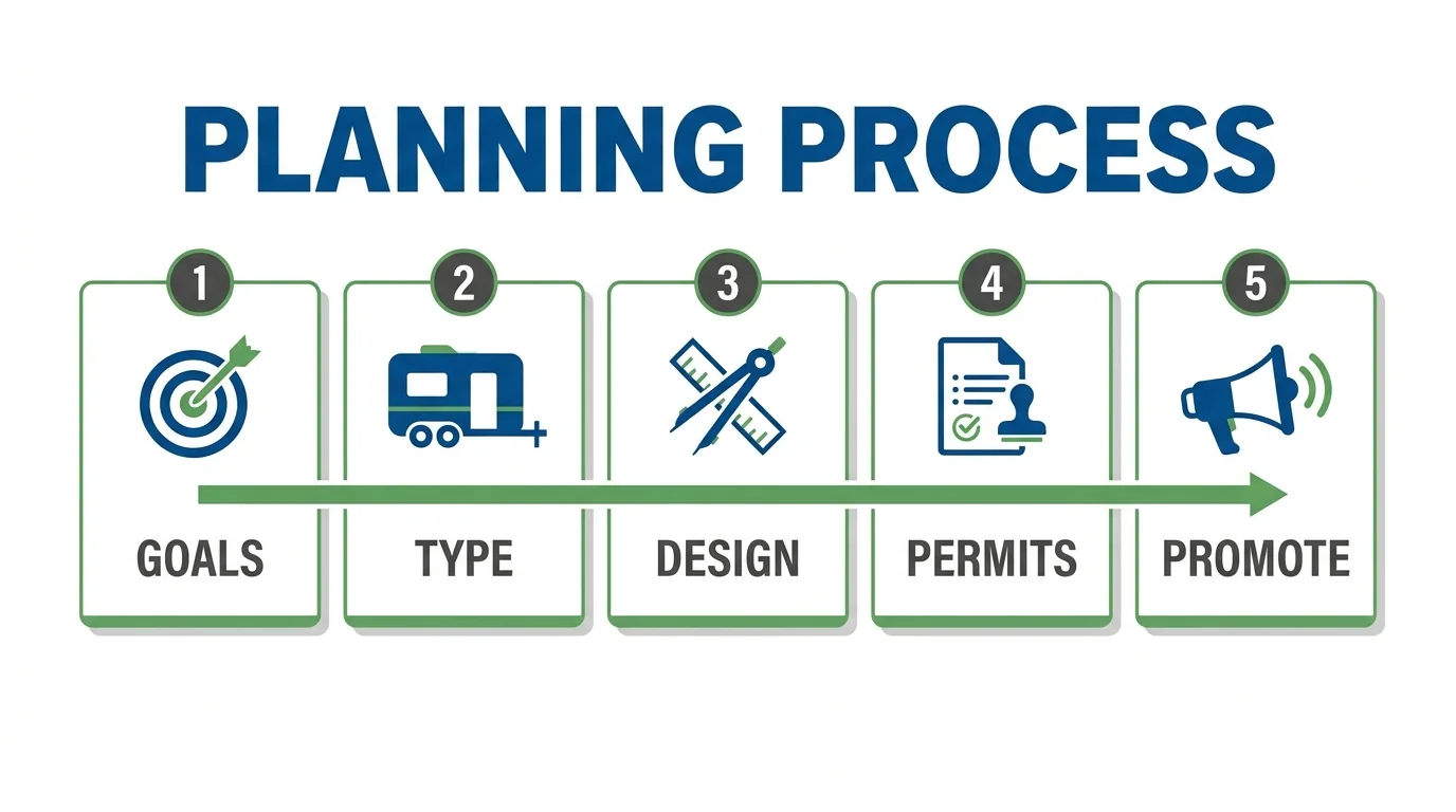 Five-step esports activation planning diagram covering goals, trailer type, design, permits and promotion.