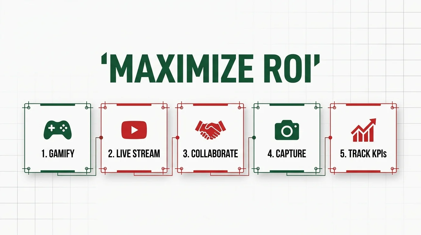 Esports campaign strategies showing gamification, live streaming, collaboration, content capture and KPI tracking.