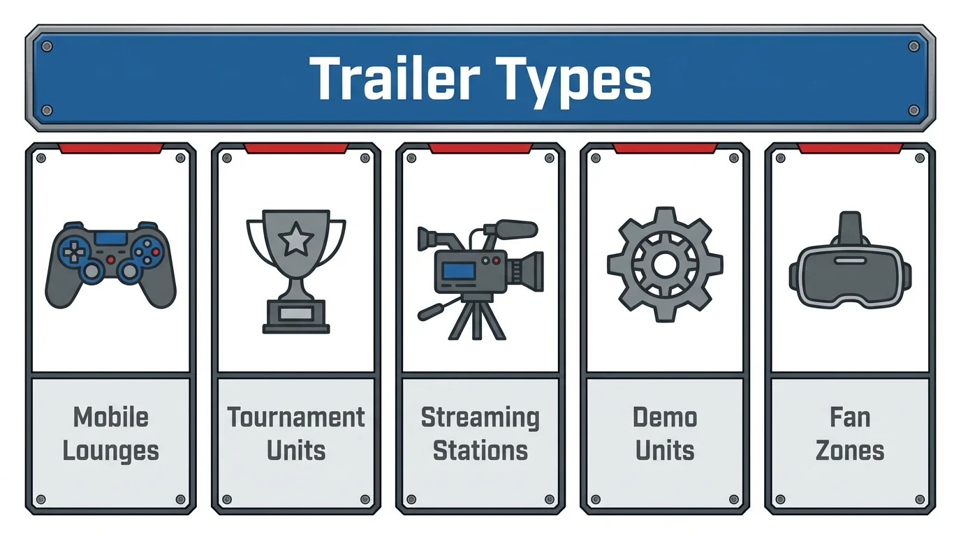 Esports trailer formats covering mobile lounges, tournament units, streaming stations, demo units and fan zones.