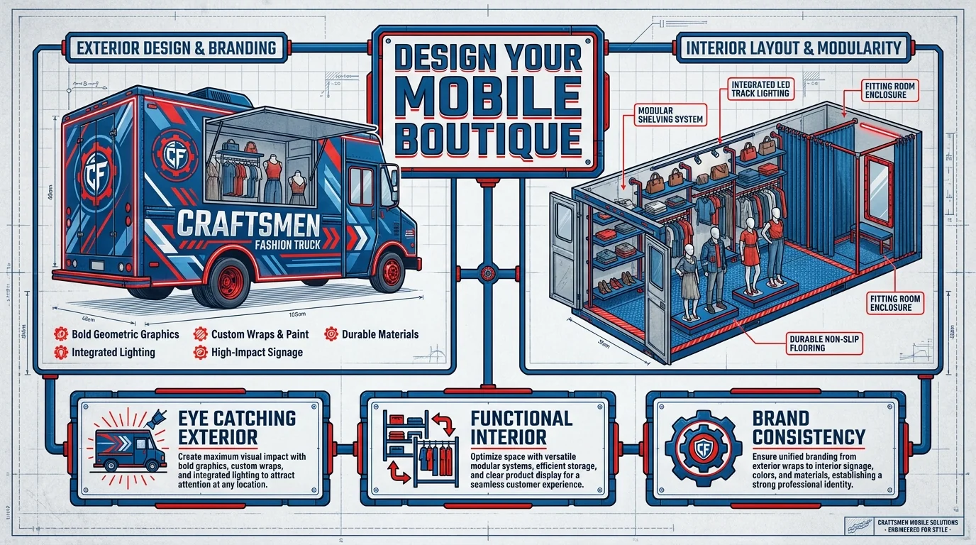 Mobile boutique design illustration showing exterior branding, modular shelving, lighting and a fitting room.