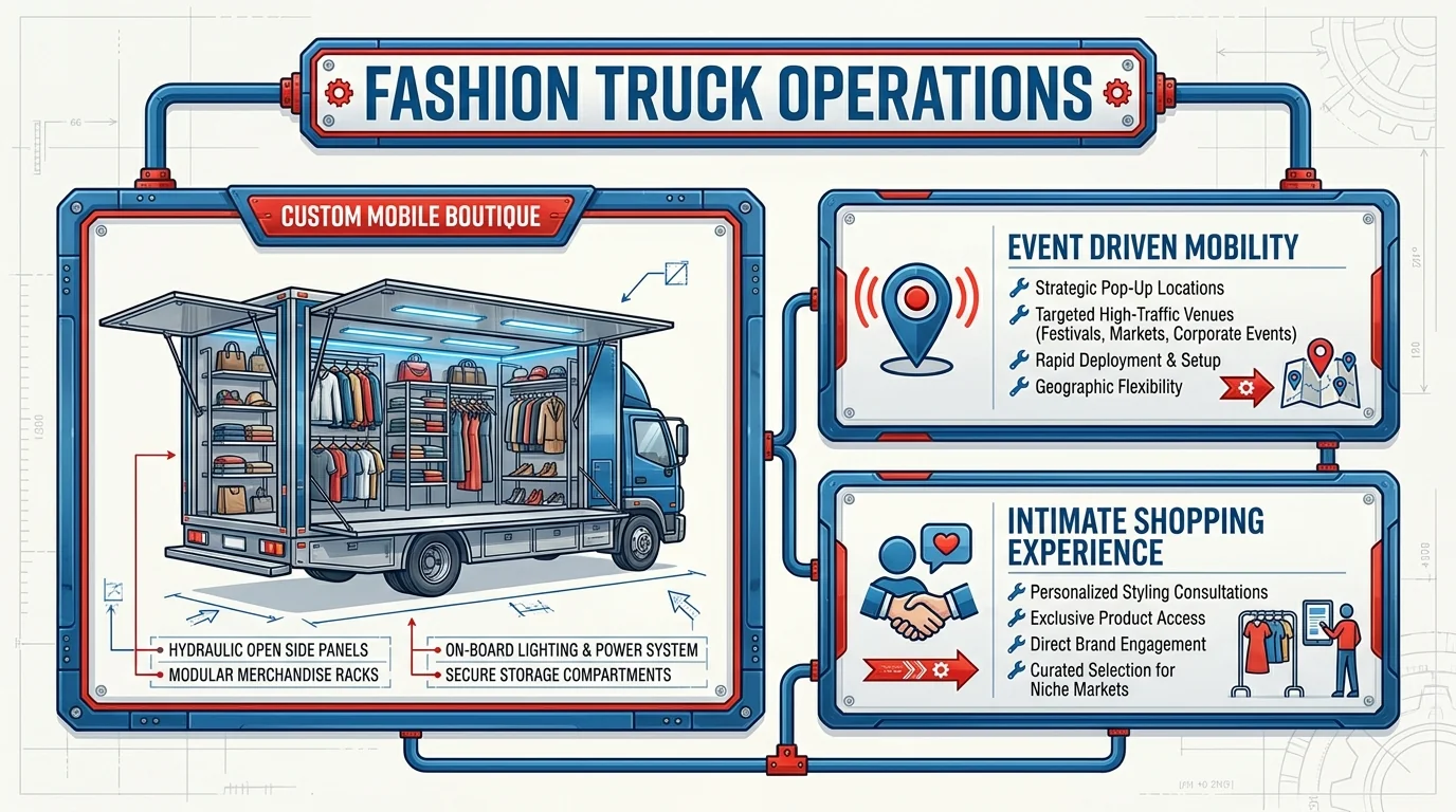 Fashion truck operations diagram showing a mobile boutique, event-based locations and personalised shopping experiences.