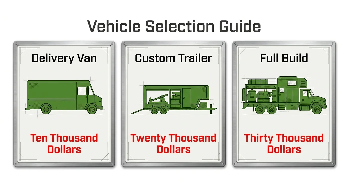 Illustrated vehicle selection comparison for a delivery van, custom trailer and purpose-built fashion truck.