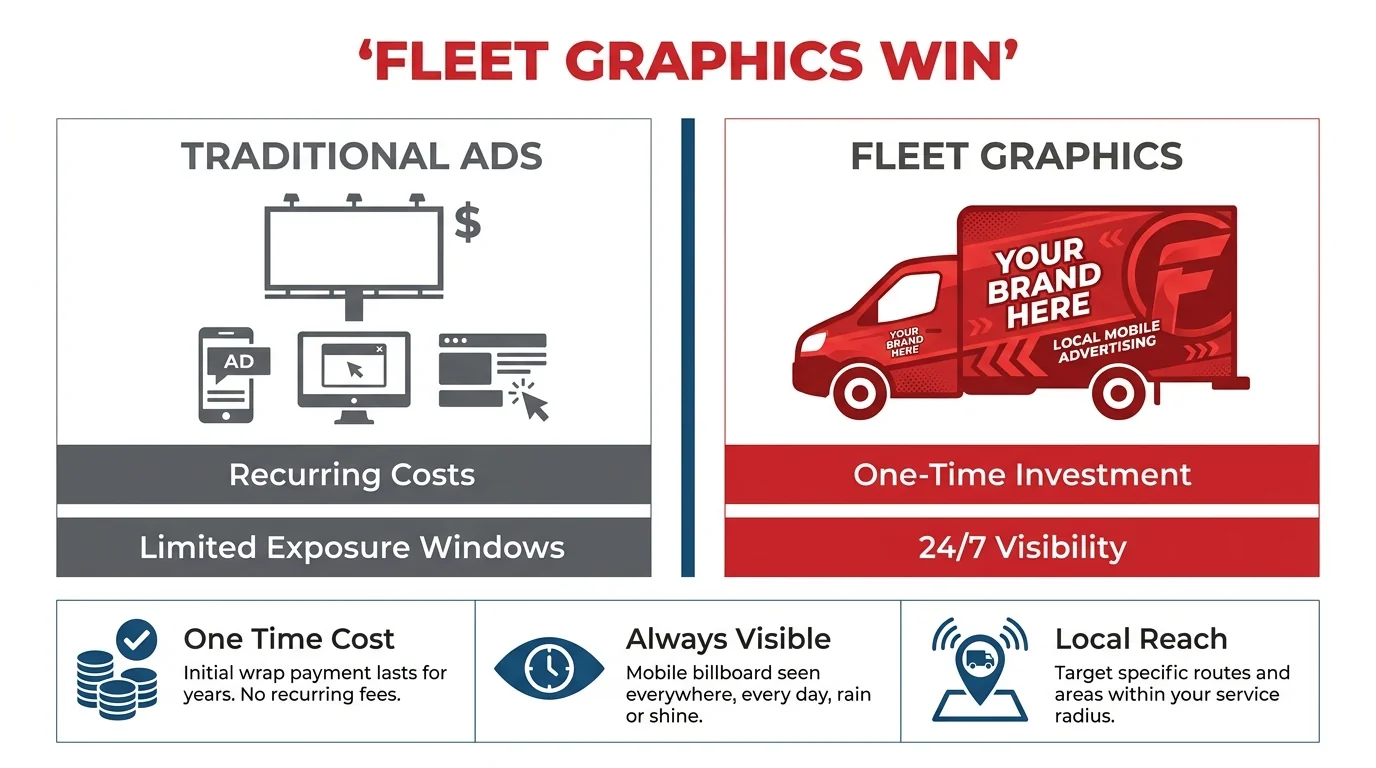 Comparison graphic contrasting recurring traditional advertising costs with fleet graphics, ongoing visibility and local reach.