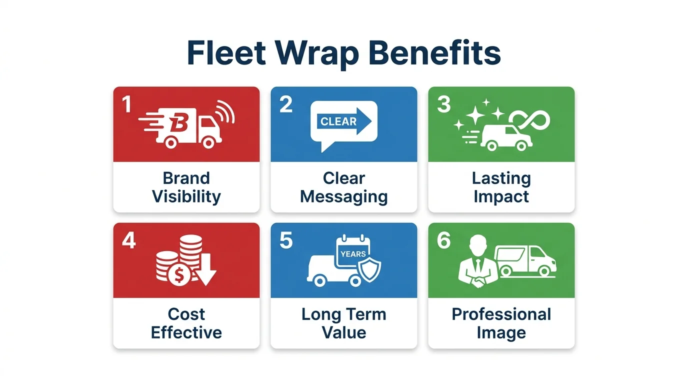 Fleet wrap benefits graphic highlighting visibility, clear messaging, lasting impact, cost efficiency, long-term value and professional appearance.