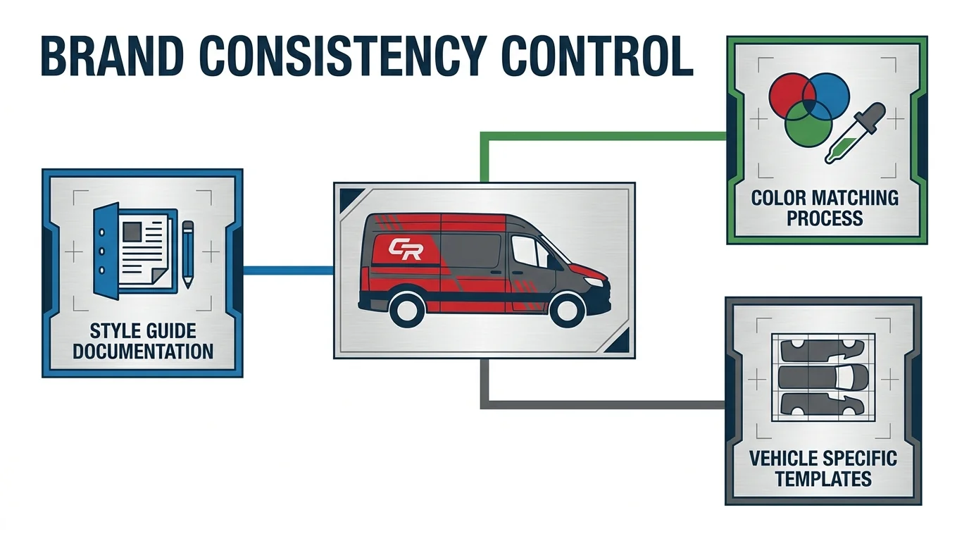 Fleet wrap brand consistency through style guide documentation, colour matching, and vehicle-specific templates.