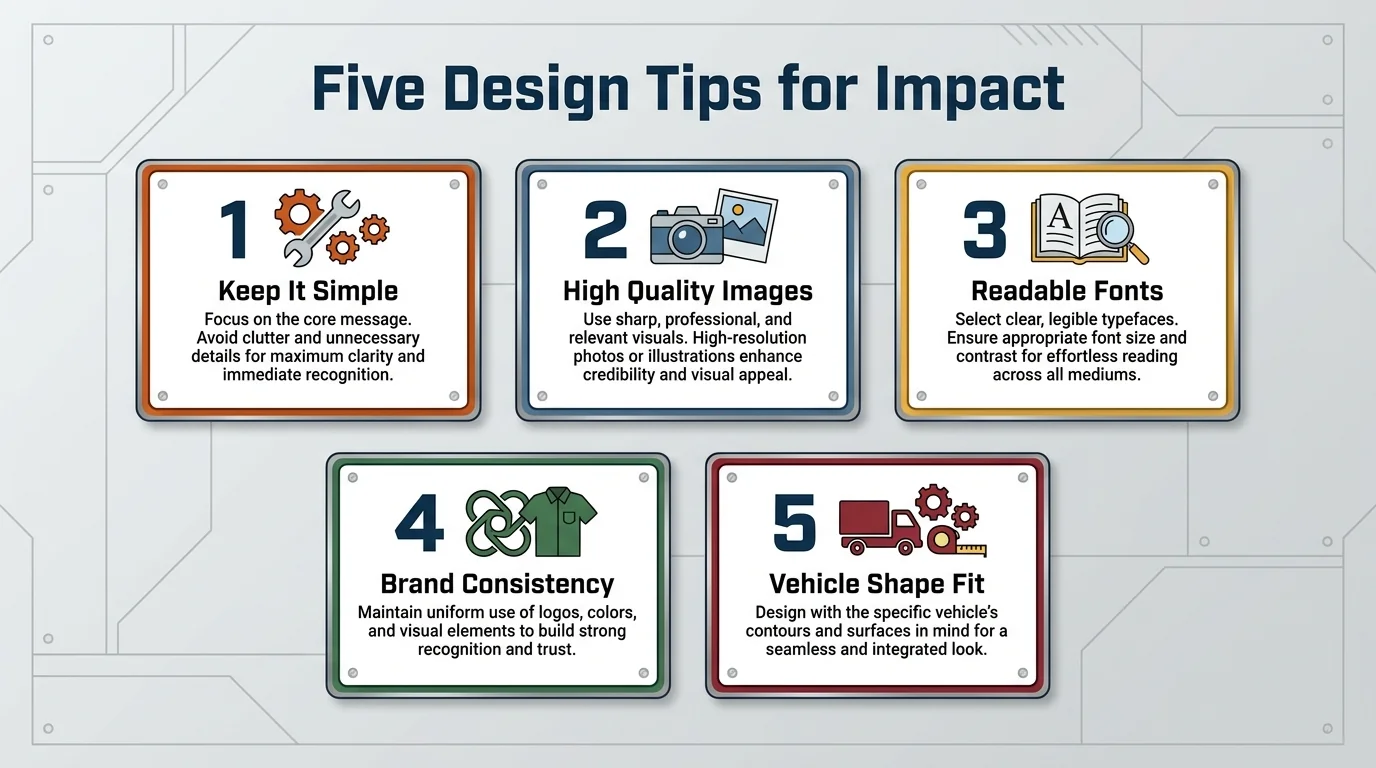 Five fleet wrap design tips covering simplicity, quality images, readable fonts, brand consistency and fit to the vehicle shape.