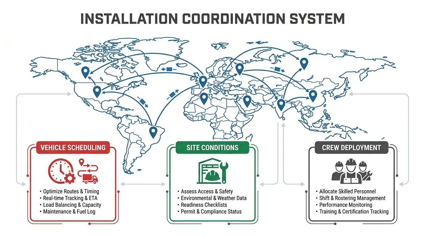 Fleet wrap installation coordination across locations, combining vehicle scheduling, site conditions, and crew deployment.