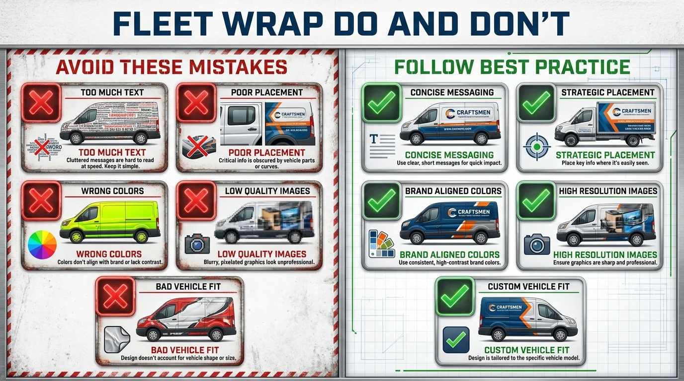 Fleet wrap dos and don'ts comparing cluttered text, poor placement and unsuitable graphics with clear, consistent, well-fitted designs.