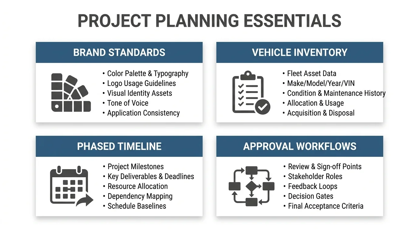 Fleet wrap project planning essentials: brand standards, vehicle inventory, phased timeline, and approval workflows.