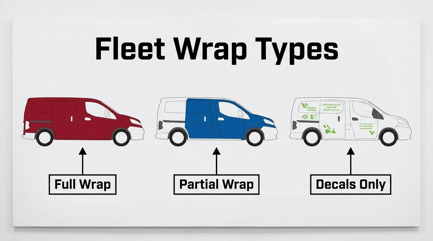 Side-by-side van illustrations comparing a full wrap, partial wrap and decals only.