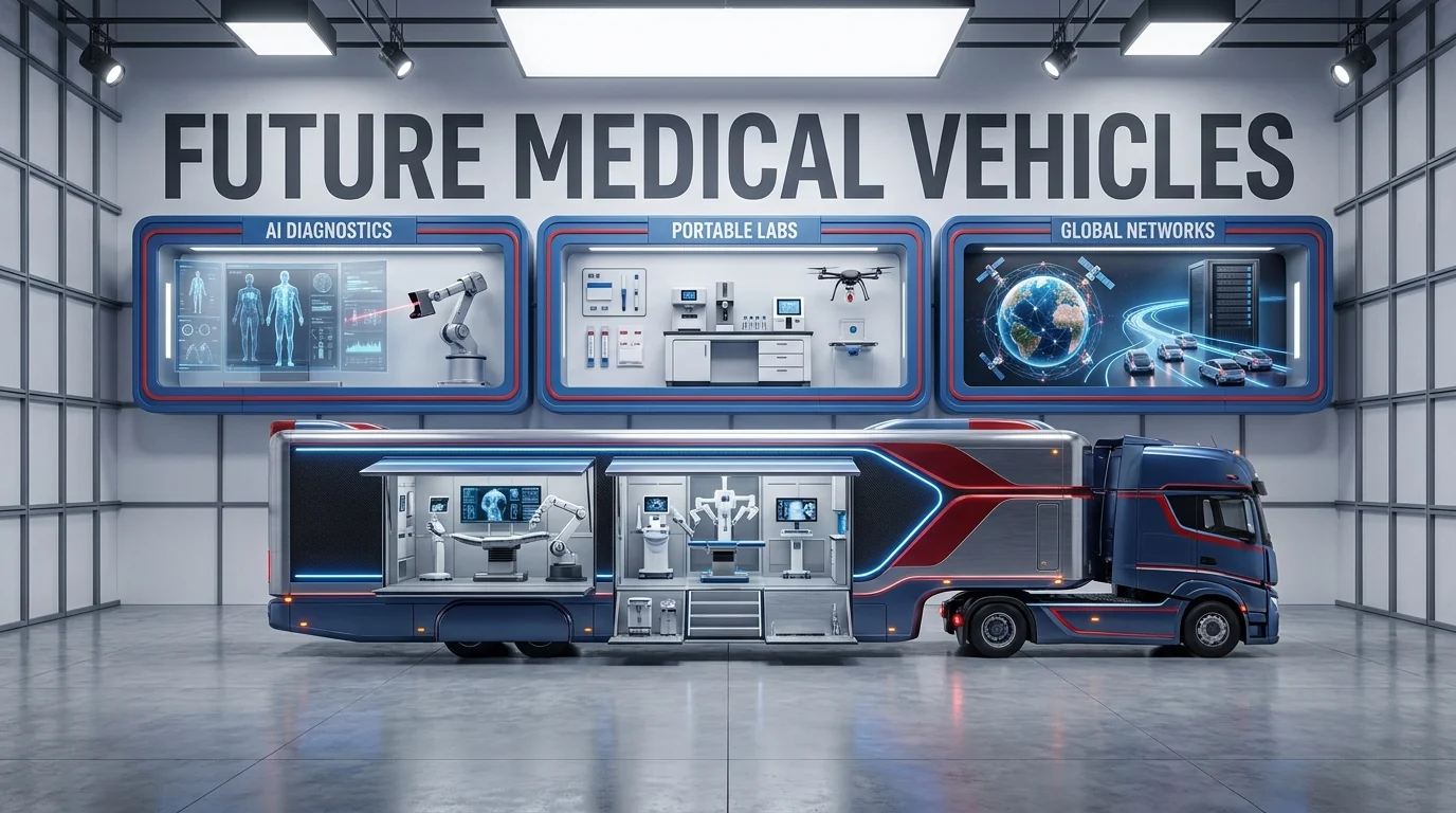 Future medical vehicle concept with AI diagnostic systems, portable laboratories and connected healthcare networks.