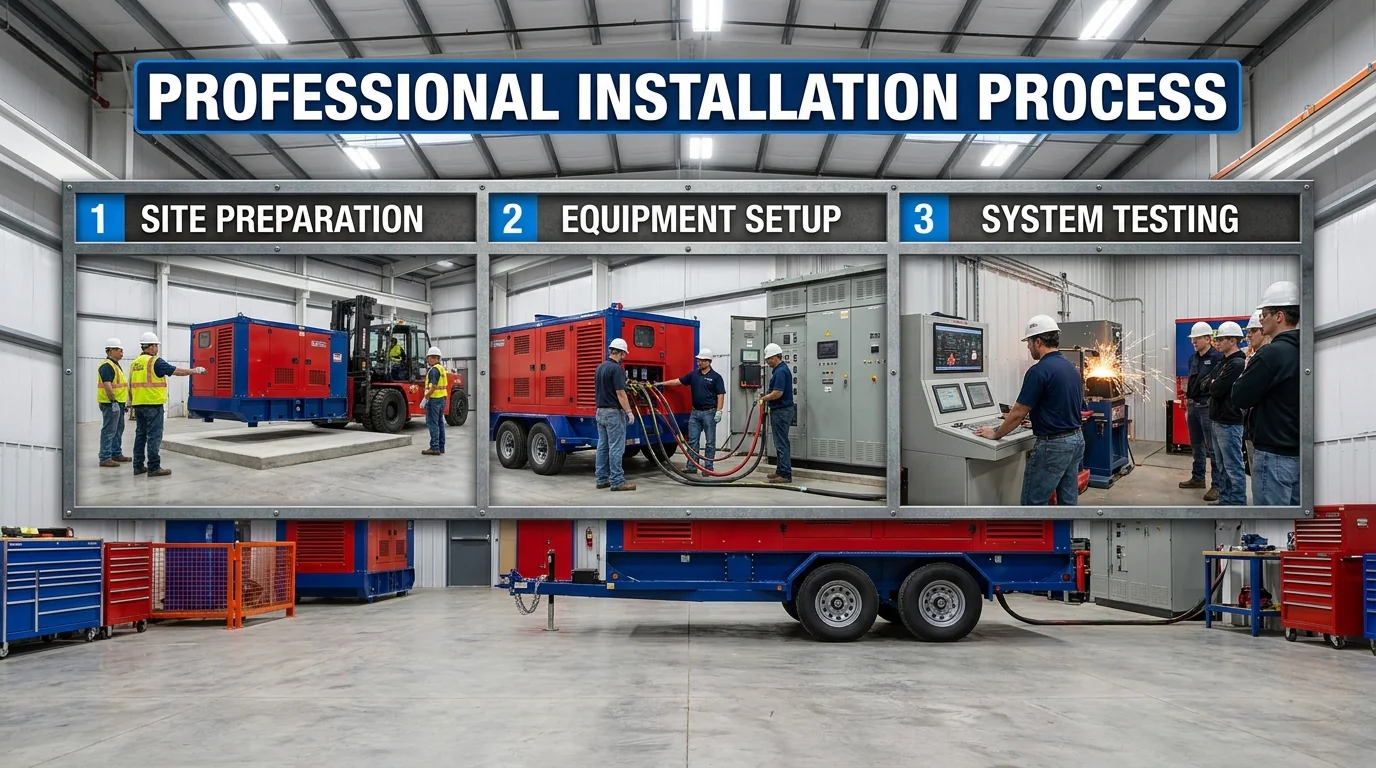 Generator installation workshop showing site preparation, equipment setup and system testing.