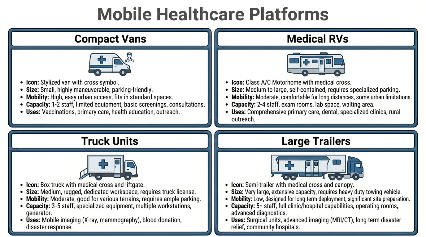 Comparison of mobile healthcare platforms including compact vans, medical RVs, truck units and large trailers.