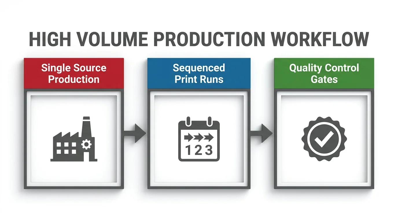 High-volume fleet wrap workflow from single-source production to sequenced print runs and quality control gates.