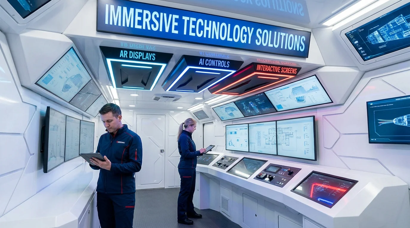 Experiential vehicle interior with AR displays, AI controls and interactive screens.