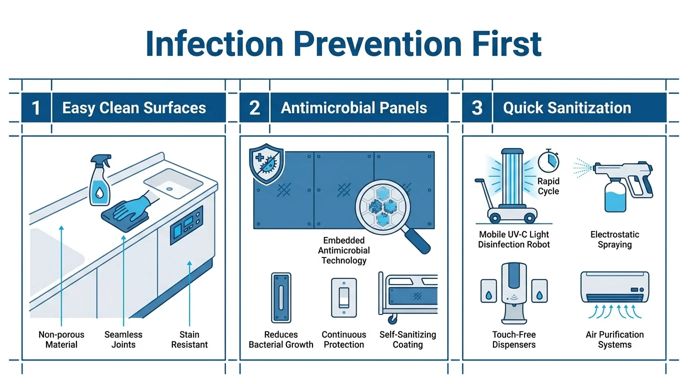 Infection prevention design illustration showing easy-clean surfaces, antimicrobial panels and sanitisation equipment.