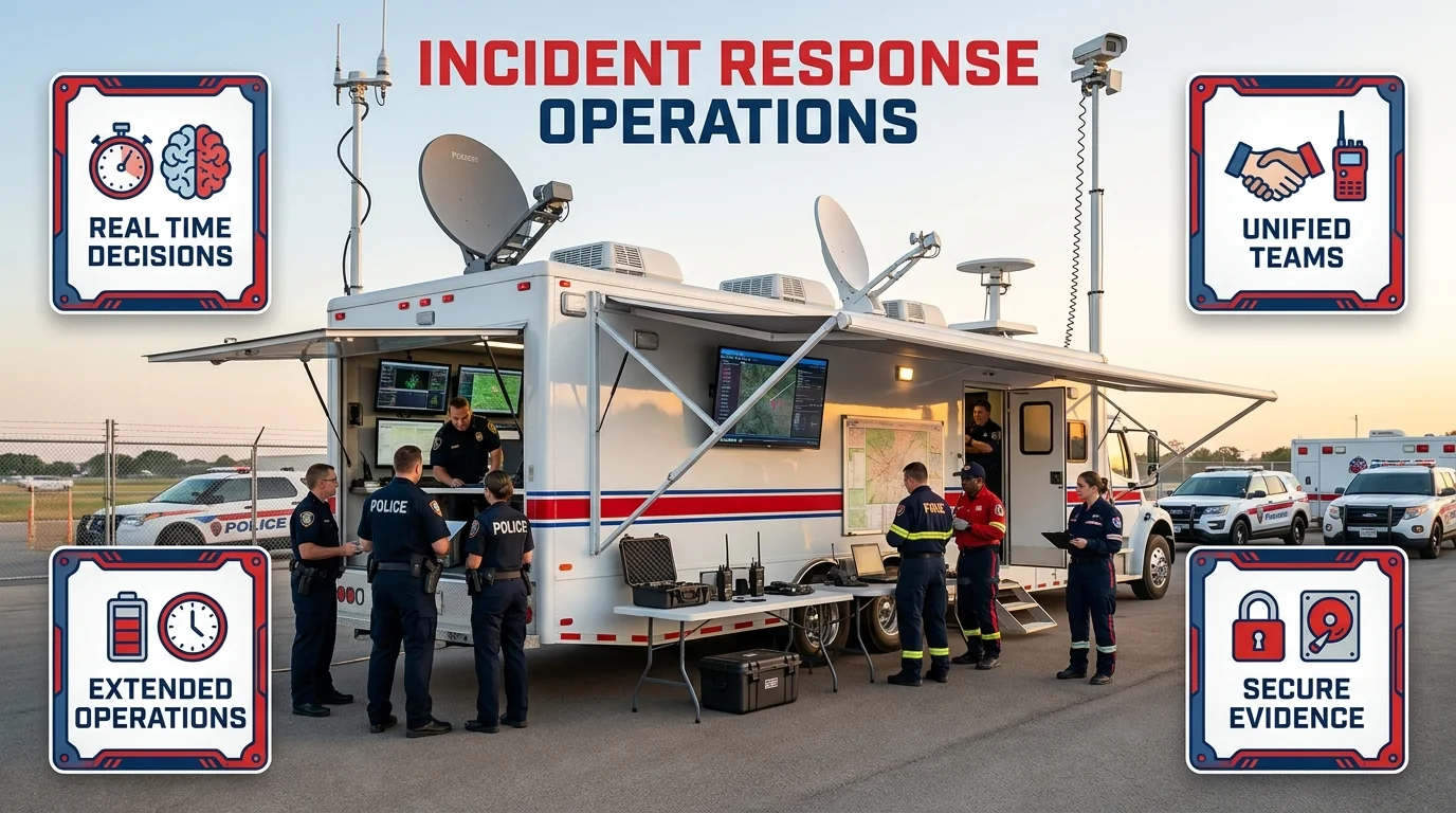 Emergency responders coordinating beside a mobile command centre equipped with satellite dishes and communications antennas.