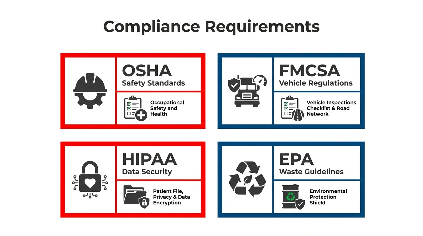 Medical trailer compliance graphic referencing OSHA safety, FMCSA vehicle rules, HIPAA data security and EPA waste guidance.