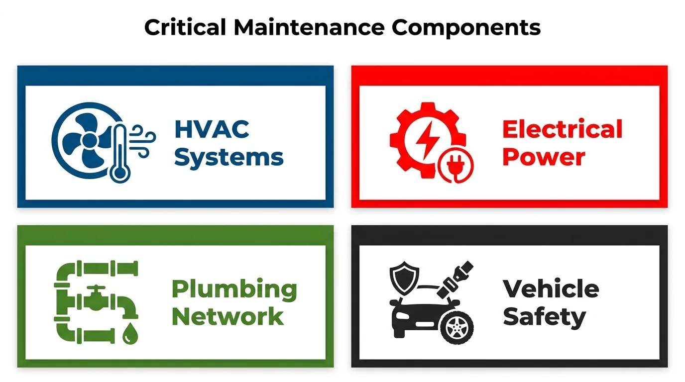 Medical trailer maintenance areas illustrated: HVAC systems, electrical power, plumbing and vehicle safety.