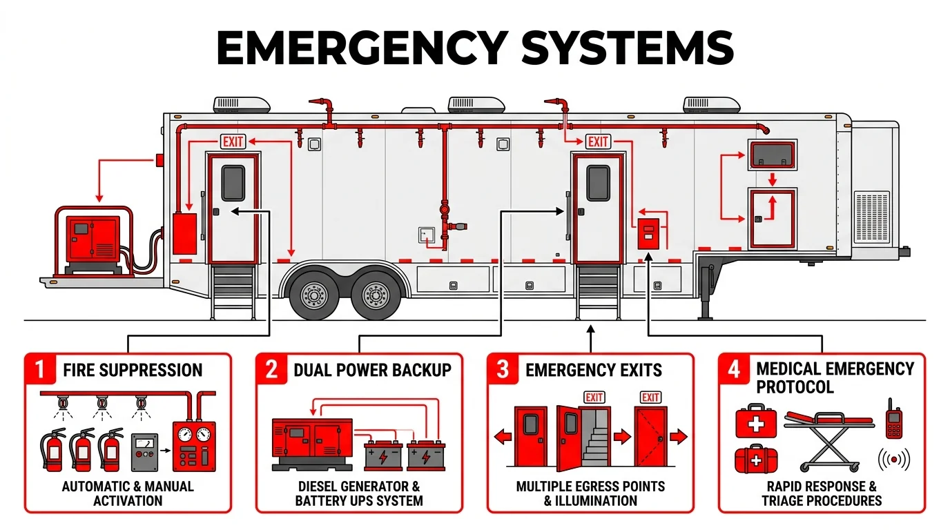 Medical trailer emergency systems diagram showing fire suppression, backup power, emergency exits and response equipment.
