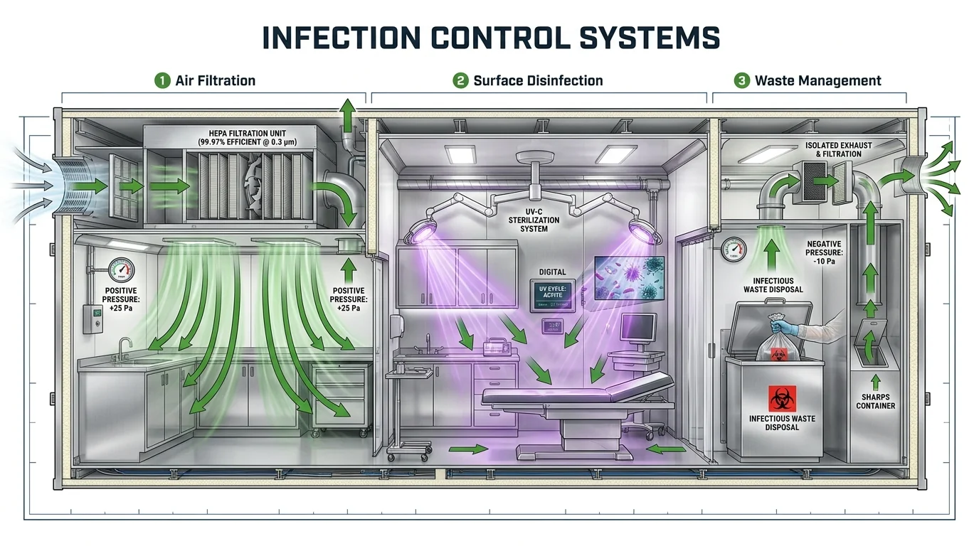 Cutaway medical trailer illustration showing air filtration, surface disinfection and waste-management areas.
