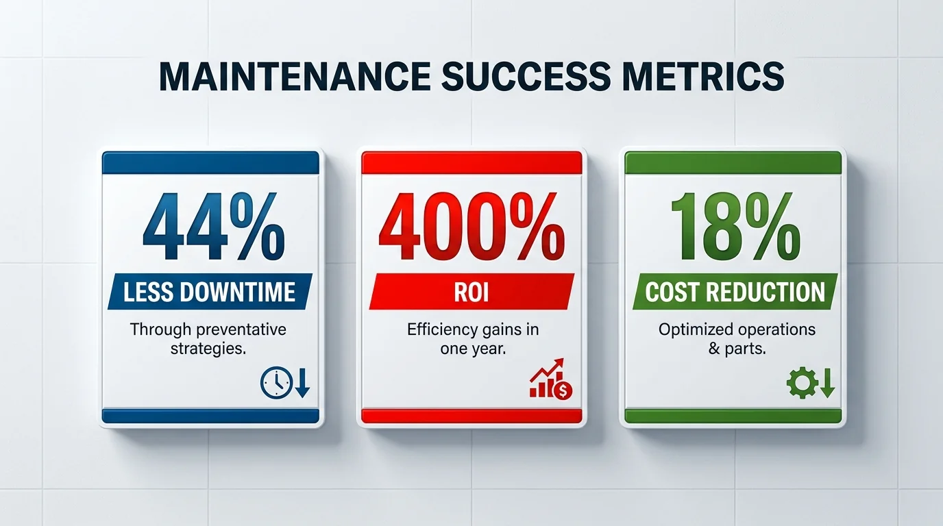 Illustrated maintenance performance metrics comparing downtime, return on investment and cost reduction.