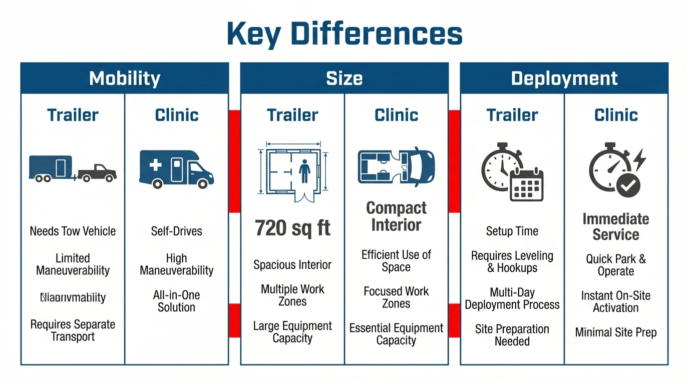 Medical trailer and mobile clinic comparison across mobility, interior space and deployment requirements.