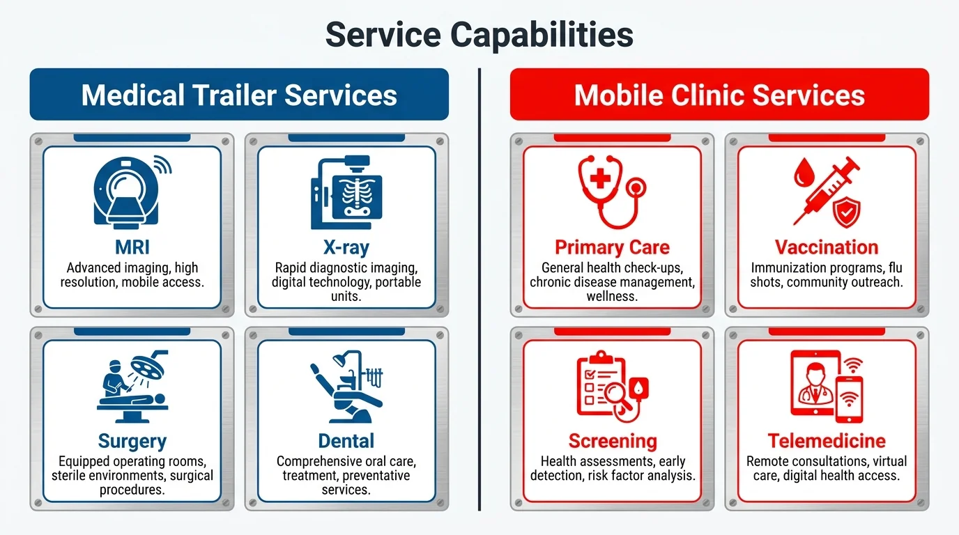 Illustrated comparison of medical trailer and mobile clinic services, including imaging, surgery, dental care, screening and telemedicine.