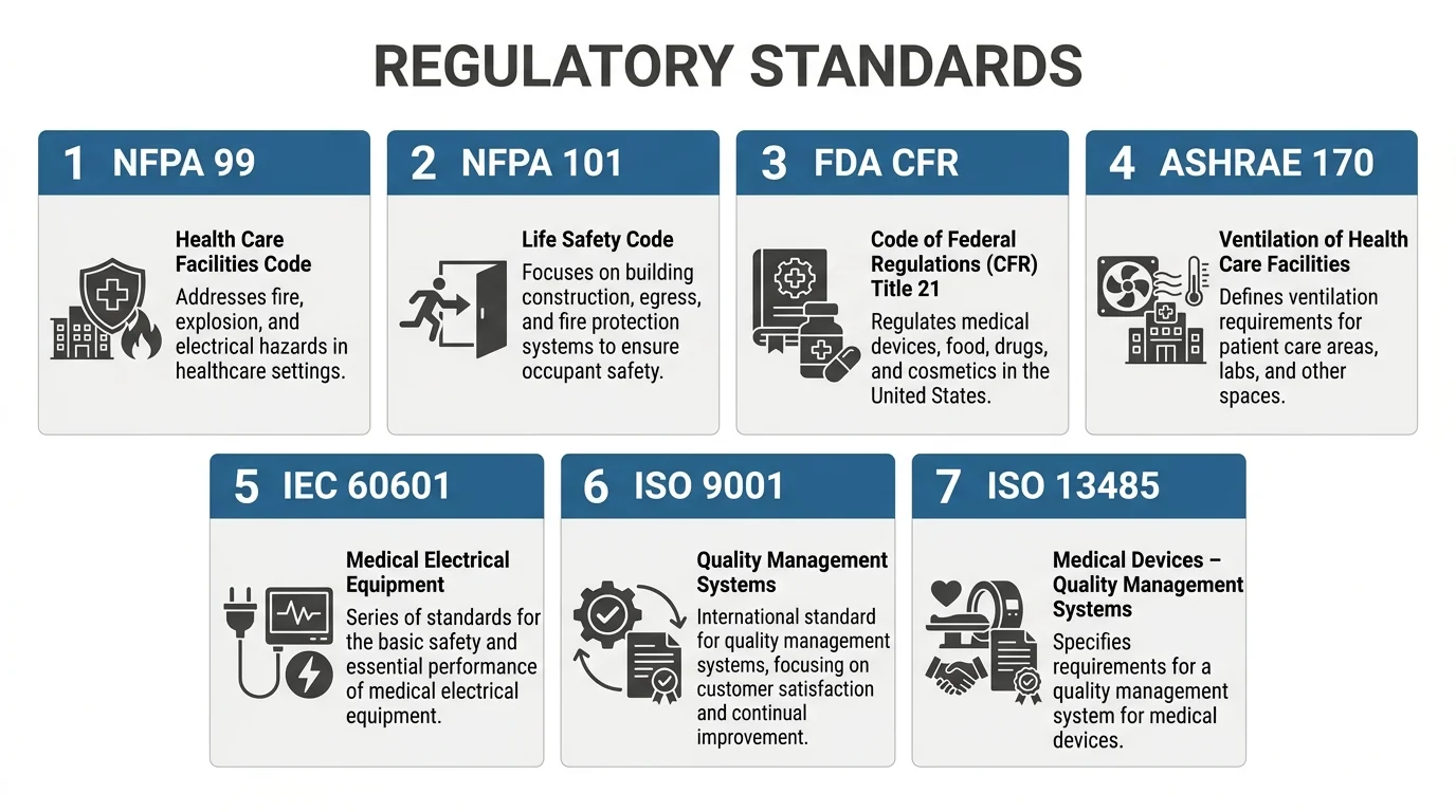 Medical trailer standards graphic listing NFPA, FDA, ASHRAE, IEC and ISO references.