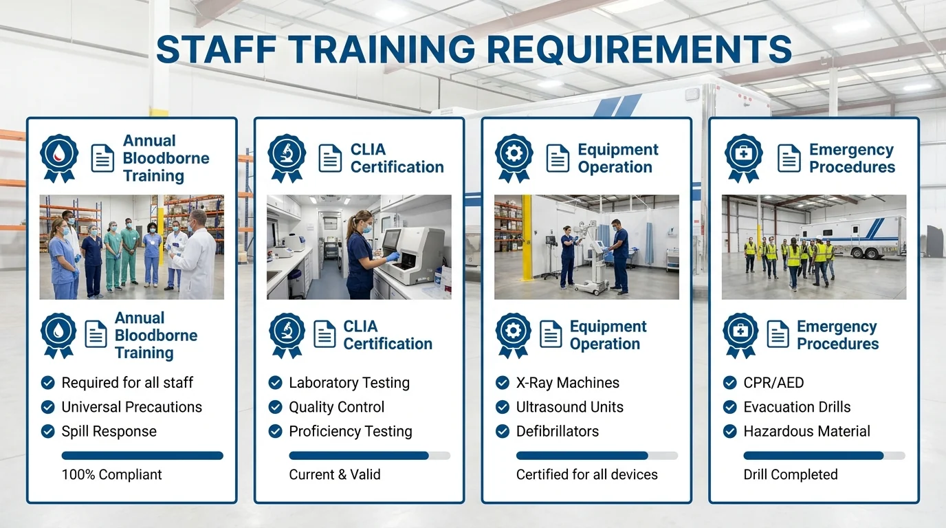 Medical trailer staff training topics covering bloodborne pathogens, laboratory certification, equipment operation and emergency procedures.