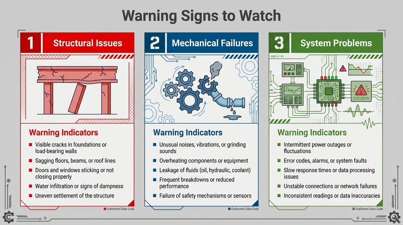 Maintenance warning signs grouped into structural issues, mechanical failures and system problems.