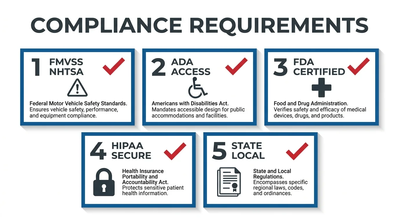 Medical vehicle compliance graphic listing vehicle safety standards, accessibility, medical equipment, patient privacy and local regulations.