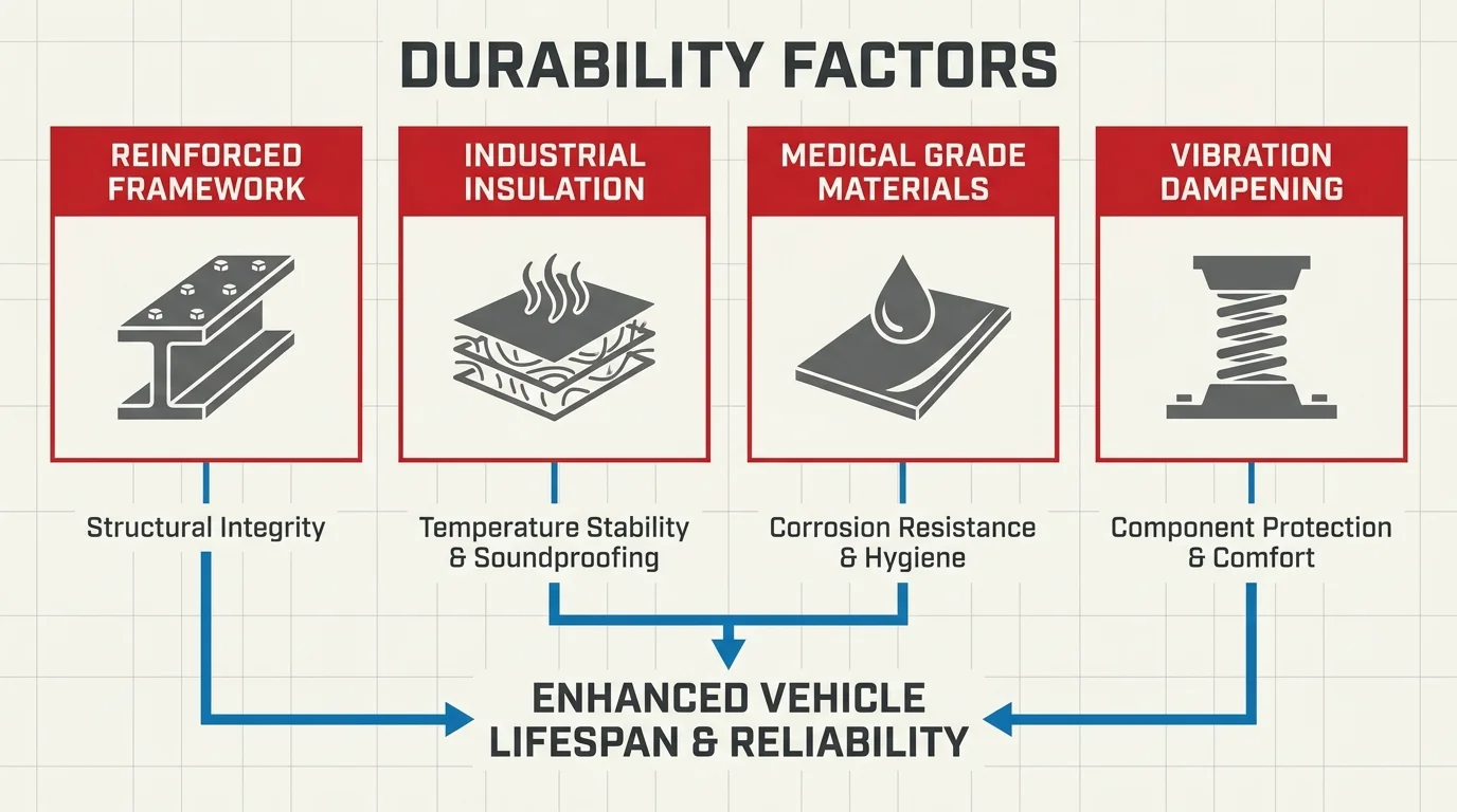 Medical vehicle durability diagram covering reinforced framing, insulation, medical-grade materials and vibration damping.