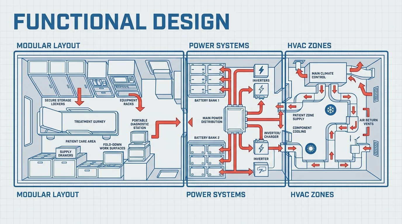 Medical vehicle layout schematic showing treatment areas, equipment storage, power distribution and HVAC zones.